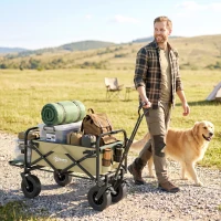 Outsunny Cărucior de grădină 110L cu mâner telescopic și bază rabatabilă din oțel și material textil Oxford, culoare kaki(m-2)