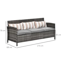 Outsunny Divanetto da Esterno 3 Posti in Rattan PE, Divano da Esterno con Cuscini Imbottiti e Removibili, per Terrazzo, Patio e Giardino, 173x68x78 cm, Grigio(m-3)