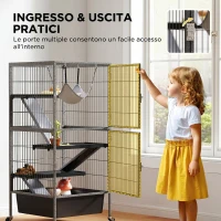 PawHut Gabbia per Piccoli Animali a 4 Livelli con Rampe, Piattaforme, Amaca e Ruote, 52x52x115 cm, Grigio(m-6)