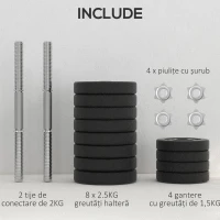 HOMCOM Set Gantere Greutăți 30 kg (8x2,5 kg, 4x1,5 kg) cu 12 Discuri și 2 Gantere de 2 kg, 43x18x7,5 cm, Negru(m-6)