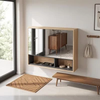 HOMCOM Badezimmermöbel mit Spiegel, wandhängender WC-Schrank mit 3 Türen und 8 Fächern, Eiche(m-5)