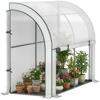 Outsunny Serre d'hivernage murale serre adossée barrière anti-herbe portes et panneau frontal enroulables 200 x 80 x 157 cm blanc(m-8)