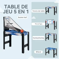 SPORTNOW Mini Table de jeux multifonctions 5 en 1, Billard, ping-pong, jeu de palets, mini basket, tir à l'arc, bleu(m-4)