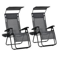 Outsunny 2 Piece Foldable Reclining Garden Chair with Headrest, Zero Gravity Deck Sun Lounger Seat Chair with Footrest, Armrest, Cup Holder & Canopy Shade, Light Grey