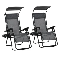 Outsunny 2 Piece Foldable Reclining Garden Chair with Headrest, Zero Gravity Deck Sun Lounger Seat Chair with Footrest, Armrest, Cup Holder & Canopy Shade, Light Grey(m-1)