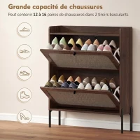 HOMCOM Meuble à Chaussures 16 Paires, 2 Tiroirs, Portes en Rotin et Étagères Réglables, 80x23,7x99,5cm, Marron Foncé(m-5)