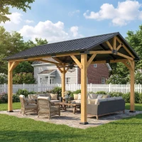Outsunny 3.5 x 4 m Hardtop Gazebo Canopy with Galvanised Metal Roof, Fir Wood Frame and Hook for Patio, Garden, Black Grey(m-10)