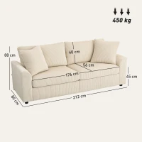 HOMCOM 3 Seater Sofa, 212cm Corduroy Couch with Spring Cushion, Wide and Deep Seat, Plush Backrest, 2 Pillows, Sofa Settee for Living Room, Home Office, Cream White(m-3)