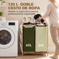 HOMCOM Cesto de Ropa Sucia con Tapa 120L de Bambú con 2 Compartimentos Bolsas con Cordón Bolsillos Laterales Blanco y Negro(m-4)