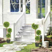 HOMCOM Set 2 Plante Artificiale de Buxus cu 3 Sfere, cu Ghiveci și Fund Întărit, Înălțime 90 cm, pentru Interior și Exterior(m-8)