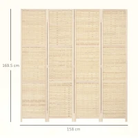 HOMCOM Paravento Separé da Interno a 4 Ante in Legno e Bambù, Pieghevole e Salvaspazio Altezza 170cm, Marrone(m-3)