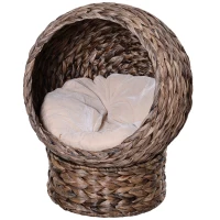 PawHut Waterhyacint kattenmand met kussen, kattenbed, huisdierbed, 50 cm x 42 cm x 60 cm, bruin+beige(m-10)