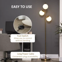 HOMCOM 3-Light Tree Floor Lamps for Living Room, Modern Standing Lamp for Bedroom with Globe Lampshade, 3000K/4000K/6000K Colour Temperatures, Steel Base, Gold Tone(m-5)