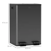 HOMCOM 56L Dual Compartment Stainless Steel Bin, with Deodoriser Holders - Black(m-3)