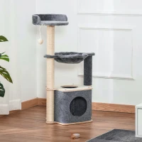 PawHut Albero Tiragraffi per Gatti Alto 95cm, Palestra per Gatti di Multilivelli con Casetta, Amaca, Pallina da Gioco, Cuccia e Corde in Sisal, 48x34x95cm, Grigio(m-10)