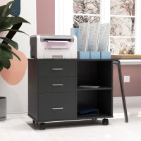 HOMCOM Freestanding Printer Stand Unit Office Desk Side Mobile Storage w/ Wheels 3 Drawers, 2 Open Shelves Modern Style 80L x 40W x 65H cm - Black(m-2)