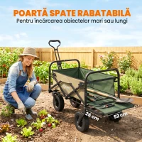 Outsunny Cărucior de grădină 110L cu mâner telescopic și bază rabatabilă din oțel și material textil Oxford, culoare kaki(m-6)