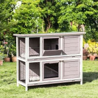 PawHut Cage à lapin en bois massif clapier 2 niveaux toit ouvrant avec auge plateaux coulisants 4 portes 122 x 50 x 101 cm gris blanc(m-10)