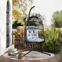Outsunny Silla Colgante Huevo con Soporte con Cesta Plegable Cojín y Reposacabezas para Interior y Exterior Carga 150 kg Gris(m-10)