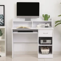 HOMCOM Scrivania per Computer Compatta, Scrivania PC Fisso in Legno Bianco con Ripiano Tastiera Estraibile e Mensole 104x48x95.5cm(m-10)