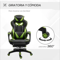Vinsetto Silla Gaming Ergonómica Silla de Escritorio de Oficina Regulable en Altura Reclinable Respaldo con Reposapiés Reposacabezas Cojín Lumbar Ruedas 65x70x118,5-128,5 cm Verde(m-6)