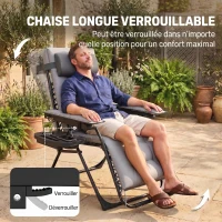 Outsunny Chaise de Gravité Zéro avec Accoudoirs, Coussin, Porte-Gobelet, Appuie-tête, Dossier Réglable, 65x93x108cm, Gris Clair(m-5)