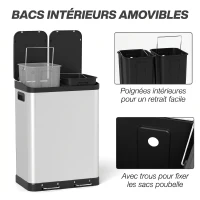 HOMCOM Poubelle de cuisine à double compartiment 2 x 30L avec pédale en acier inoxydable, couvercle à fermeture douce, argent(m-5)
