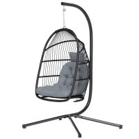 Outsunny Silla Colgante Huevo con Soporte con Cesta Plegable Cojín y Reposacabezas para Interior y Exterior Carga 150 kg Gris(m-11)