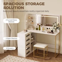 HOMCOM Dressing Table with LED Mirror and Stool, L-Shaped Vanity Desk with Drawers and Shelves, White(m-5)