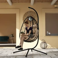 Outsunny Silla Colgante Huevo con Soporte con Cesta Plegable Cojín y Reposacabezas para Interior y Exterior Carga 120 kg Caqui(m-10)