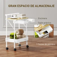 HOMCOM Carrito Auxiliar con Ruedas de 2 Niveles con Cajón Encimera y Cesta de Rejilla para Dormitorio Baño Cocina Blanco(m-4)