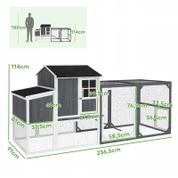 PawHut Kippenhok met uitloop voor 3-4 kippen, 3-delige nestkast, 1,9 m² oppervlakte, vurenhout, Grijs(m-3)