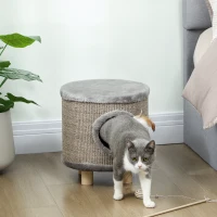 PawHut Casa para Gatos 3 en 1 Taburete Reposapiés Cama para Gatos con Rascador Patas de Madera Pluma 36x36x38 cm Gris(m-10)