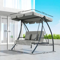 Outsunny Hollywood schommel tuinschommel schommelbank met ligfunctie, 3 zits, metaal + polyester, grijs, 209 x 114 x 170 cm | Aosom(m-3)