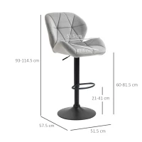 HOMCOM Bar Stools Set Of 2, Luxurious Velvet-Touch Barstools with Metal Frame Footrest Round Base Triangle Indenting Moulded Seat Adjustable Height Swivel Light Grey(m-3)