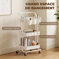 HOMCOM Chariot à 3 niveaux desserte avec 4 crochets et 3 boîtes suspendues amovibles pour 42 x 38 x 86,5 cm blanc(m-4)