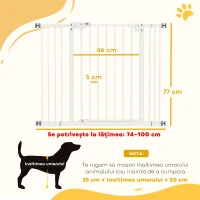 PawHut Poartă pentru câini reglabilă până la 100 cm fără șuruburi, cu 2 extensii și înălțime de 72 cm, albă(m-3)