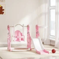 AIYAPLAY 4 in 1 Kids Slide and Swing Set with Climber, Basketball Hoop, Rabbit-Themed, Pink(m-10)