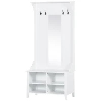 HOMCOM Appendiabiti Attaccapanni da Terra con Specchio Scarpiera 4 Ganci Legno 80x40x170cm Bianco(m-10)