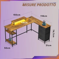 Scrivania angolare Gaming a L, struttura in metallo robusta & piano in legno, montaggio semplice, 150x50x87,5 cm, Marrone(m-3)