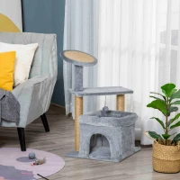 PawHut Tiragraffi per Gatti con Pali in Juta, Casetta e Cuscino, Rivestimento Peluche, Altezza 84cm, Grigio(m-10)