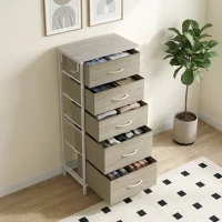 HOMCOM Chest of Drawers, Dresser with 5 Fabric Drawers, Tall Storage Unit with 4 Pockets and 2 Hooks Steel Frame, Natural Wood(m-8)