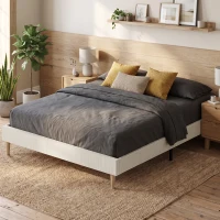 HOMCOM Cadru de pat 160 x 200 cm cu somieră, pat dublu tapițat din catifea moale, cu model striat, crem(m-4)