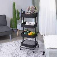 HOMCOM Metal 4-Tier Mobile Storage Serving Trolly Rolling Utility Cart Organiser Kitchen Mesh Bottom Black(m-2)