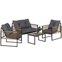 Outsunny Gartenmöbel-Set, 4-teilig, Sofa, 2 Stühle, Tisch mit Glasplatte, Metallgestell, Polyrattan, Anthrazit(m-12)
