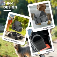 PawHut 3-in-1 Huisdierenwagen, inklapbare hondenkar met 4 wielen en afneembare draagtas voor honden en katten, Grijs(m-4)
