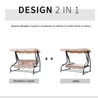 Outsunny Dondolo da Giardino 3 Posti Convertibile in Letto a Dondolo, Tetto e Struttura in Acciaio, 200x120x164cm Marrone Chiaro(m-4)