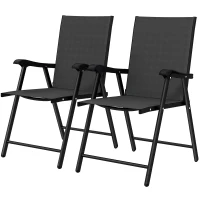 Outsunny Folding Garden Chairs Set of 2, Foldable Garden Dining Chairs with High Back, Armrests, Texteline Seat, Black(m-15)