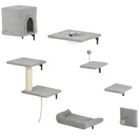 PawHut Kletterwand Katzen 7-teilig Katzen Kletterwand Set mit Katzenhaus, Plattform, Plattform Grau(m-1)