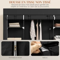 HOMCOM Armoire de rangement penderie en tissu pliable avec barre de suspension et étagères, 150 x 43 x 162,5 cm, noir(m-5)